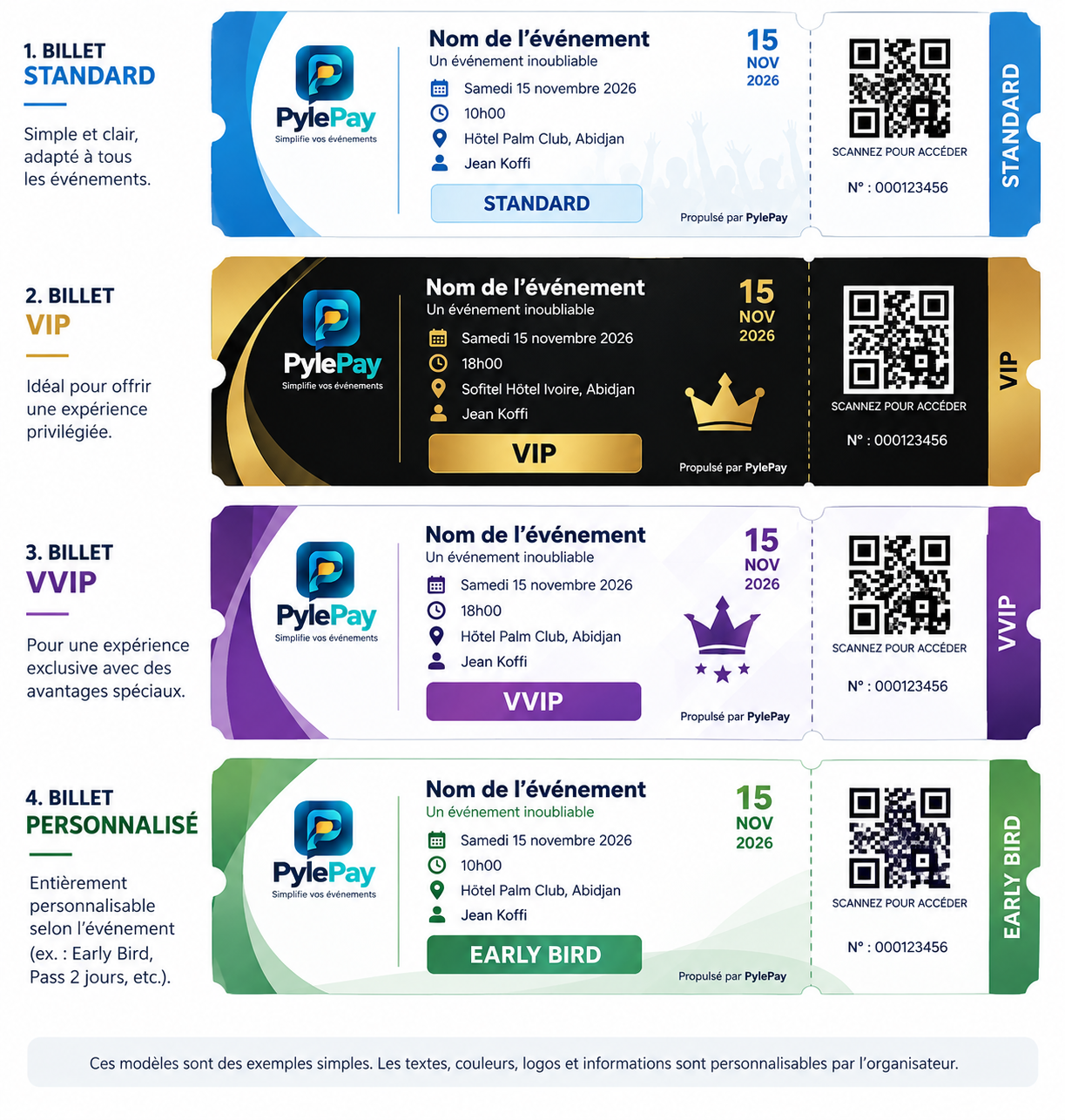 Les 4 modèles de billets officiels PylePay — Standard, VIP, VVIP et Personnalisé (180 × 70 mm)