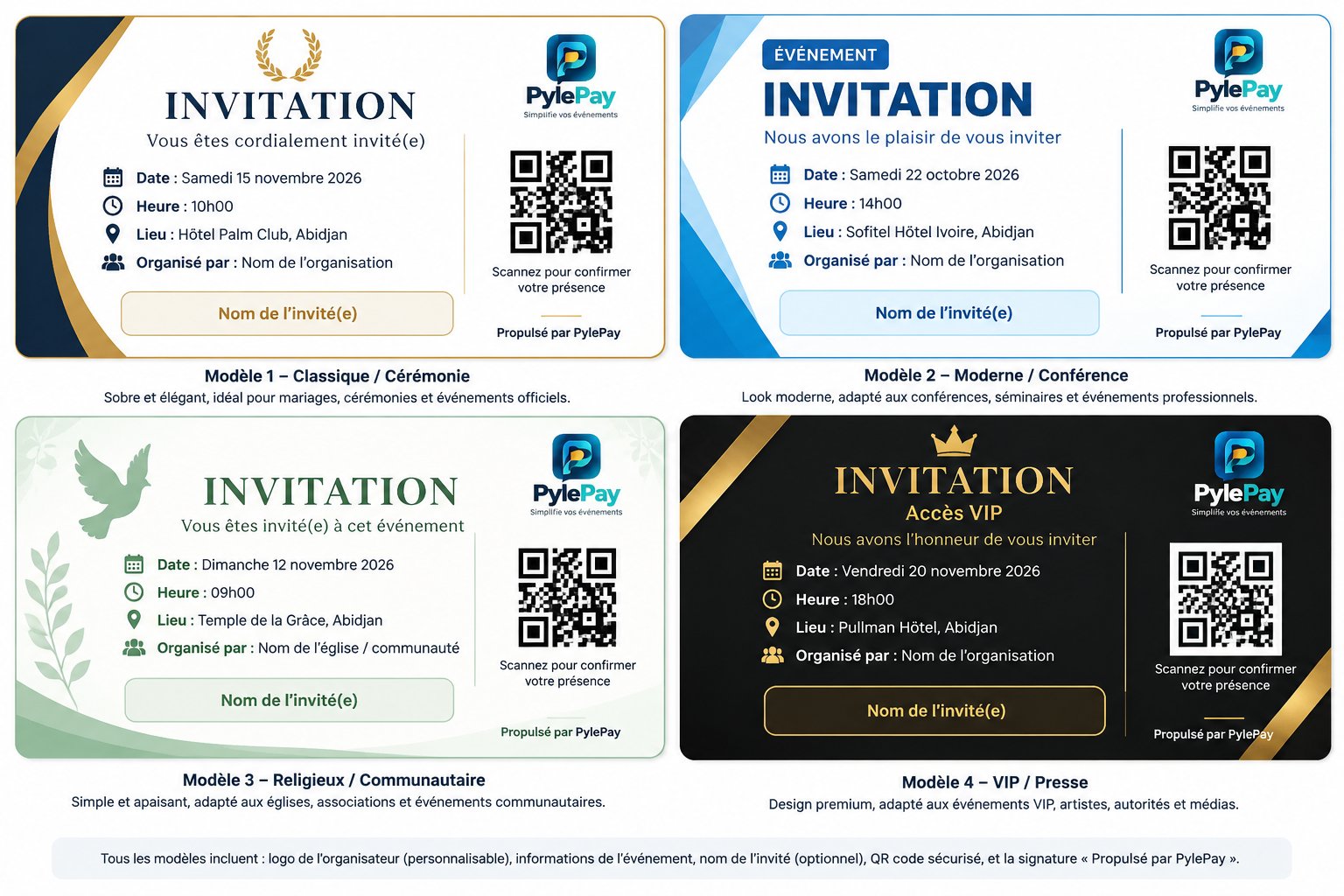 Les 4 modèles d’invitations officiels PylePay — Classique, Moderne, Religieux et VIP (180 × 95 mm)
